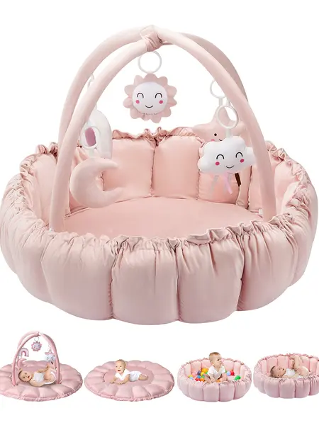 5-in-1 Convertible Baby Gym Play Mat with Hanging Toys, Soft Padded Baby Lounger & Ball Pit, Plush Tummy Time Mat for Newborns to Toddlers, Machine Washable, Gray/pink summerwins