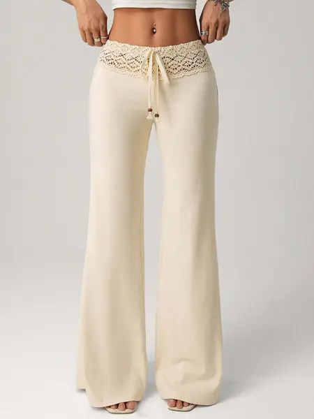 Women's Lace Patchwork Elastic Waist Flare Leg Slim Fit Casual Trendy Versatile Pants, High Waisted Drawstring High Waist Comfortable Trousers, Fashionable Feminine Ladies' Clothing Womenswear Bottom
