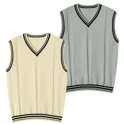 Men's Stylish V-neck Knitted Vest - Casual Sleeveless Knitwear with Contrasting Striped Trim, Aesthetic Classic Chic Menswear Tops for College Style