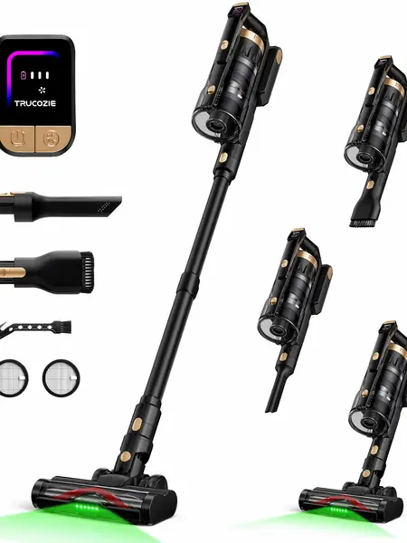 【2026 New Arrivals】Trucozie T553 Cordless Vacuum Cleaner for Home, Upgraded 60Kpa Powerful Suction Pet Hair Vacuum with 70min Runtime, Green LED Light for Hardwood Floors & Carpet, Self-Standing Rechargeable Stick Vacuum
