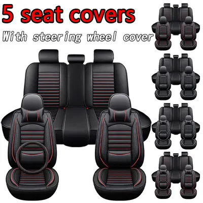 Luxury Car Seat Covers 5 Seat Set with Steering Wheel Cover Black Red Trim Universal Fit PU Leather for Various Vehicles, Suv Seat Covers, Car Seat Covers Front Seats