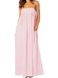 Ebossy Women's Summer Backless Tied Spaghetti Straps Casual Loose Cutout Maxi Dress with Pockets Pink Womenswear