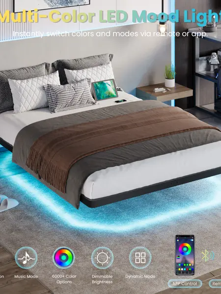 SHA CERLIN Floating LED Iron Bed Frame with Metal Slats, Multi-Color Mood Light Headboard & Outlets, No Mattress/Box Spring Needed (Twin, Full, Queen, King) - Bedroom Indoor Furniture, LED-Accented Headboard Bed Frame, Queen Bed Frame