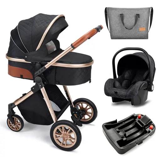 Luxury 3-in-1 High Landscape Baby Stroller Folding Pushchair with Reversible Seat Vista Pram for Comfortable Travel（with base）