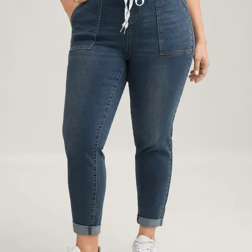 BloomChic Women's Plus Size [M-6X] Cotton Denim Jeans - High Waisted Elastic Drawstring,Dark Blue, Skinny Fit, Drawstring Elastic Waist, Roll Hem, Above Ankle Length, Slanted Pockets, Bottom Womenswear summerwins,s,Summerfinds