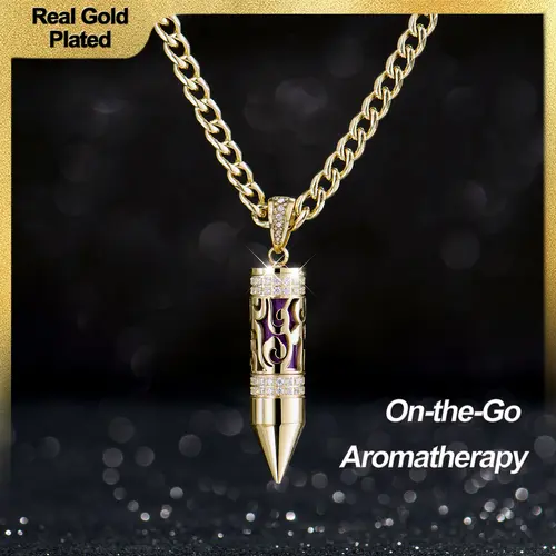 Holylegend 14K Real Gold-Plated Carved Bullet Aroma Necklace, Trendy Gold-Plated Jewelry with Double-Row CZ, Hollow Engraved Design with Aroma Cotton, Pad Affordable Gold-Plated Gifts for Fashion Lovers,Father's Day Gift