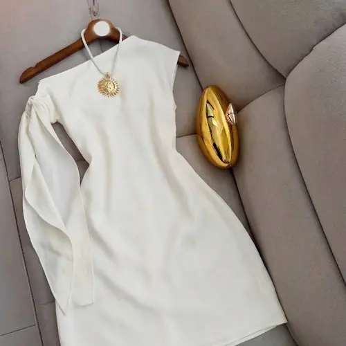 Women's Summer Unique Asymmetric Design Elegant Feminine Knitted Off-Shoulder Bow Tie Short Dress, Slimming Fit, Adjustable Straps, Fashionable Casual Wear, Casual Office Street Date