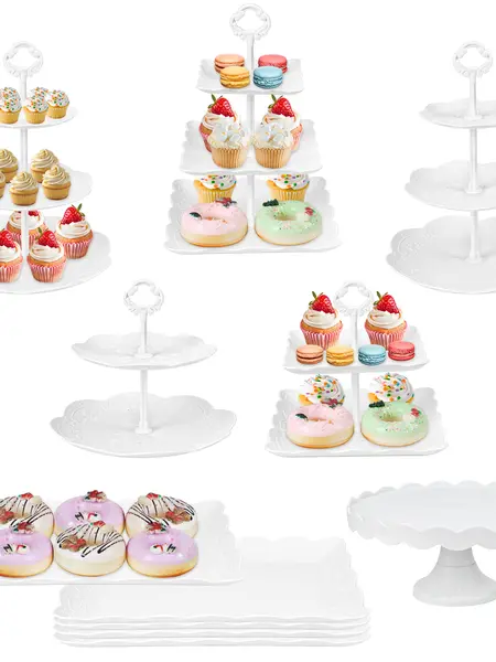 11Pcs Dessert Table Display Set,  White Cupcake Stand Set with 3-Tier & 2-Tier Dessert Stands, 10" Plastic Cake Stand &  Serving Trays for Wedding, Birthday, Baby Shower, Party&treat table displays set