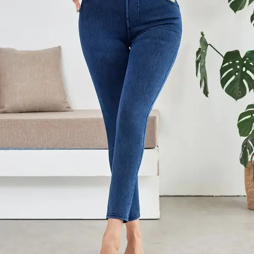 Lady's High-Waisted Stretchy Soft Belt-Pocket 9-Point Skinny Trouser Bottoms, Slim-Fitting Daily Cycling Sports Joggers, Navy Blue Basic Sweatpants