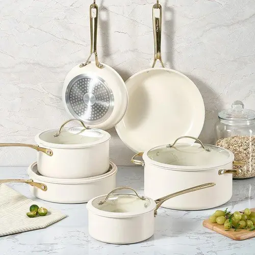 Chef Power 10-Piece Ceramic Non-Stick Cookware Set with Stainless Steel Handles Dishwasher & Oven Safe Cream White & Gold Accents Induction Gas Electric Safe tiktokshopspringglowup Summervibes summerwins,father'sdaygifts,campingessentials,campinggear