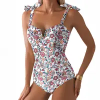 Aleumdr Women's One Piece Swimsuits Tummy Control Bathing Suits V Neck Boho Tie Shoulder Ruched Full Coverage Swimwear SwimWeek Vacationoutfits Summerstyle