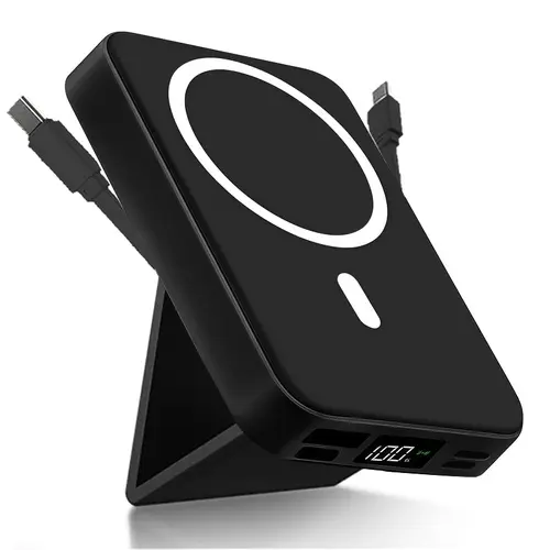 Magnetic power bank, 10000mAh wireless portable charger with USB-C data cable, LED display, foldable battery pack, 22W fast charging, compact silicone material, black.