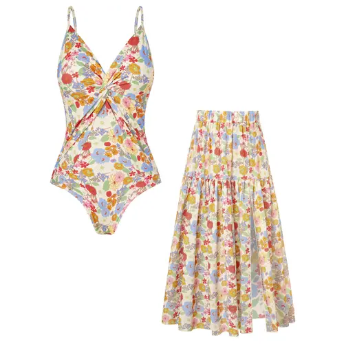 【Grace Karin】 Grace Karin Two-Piece Swimsuit Set, Casual & Vacation Style, Summer Beach & Pool Wear, S-2XL Inclusive Size, Plus Friendly 2XL, Floral Print V-Neck Tummy Control Bathing Suit with Cover Up Skirt