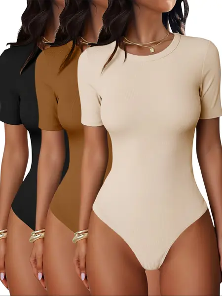Women's Fashion Short Sleeve Knitted Jumpsuit Set Bodysuit, Casual Summer, Comfortable and Stylish, Perfect for Daily Wear