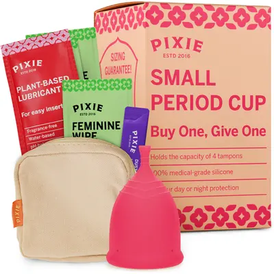 Pixie Cup - Soft, Safe, Reusable Menstrual Cup – 100% Medical-Grade Silicone Period Cup for Feminine Care - Buy One We Give One (Small, Pink)
