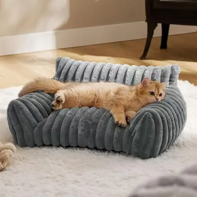 1pc Cozy Plush Pet Sofa Bed-StripedPolypropylene Dog & Cat Recliner, Ultra-SoftPolvester Fiber, Warm All-Season Comfort,Ideal for Small to Large