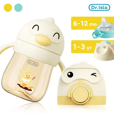 [Upgrade To PPSU] Dr.Isla 2-in-1 Anti-Colic Baby Training Sippy Cup (9oz/240ml), 180°C Heat-Resistant, BPA-Free, Leakproof No-Spill, Easy to Clean, Odorless, 360° Gravity Ball, Duckbill Nipple & Straw Lids Included for 6M-3Y summervibes️
