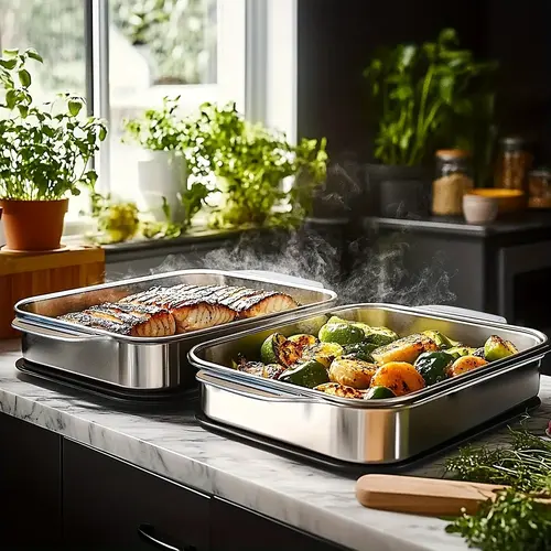 Set of 2 Extra Large Stainless Steel Baking Pans with Lids - Non-Stick Thick-Bottomed Rectangular Oven Trays for Desserts Bread and Seafood  Perfect for Grilling and Buffet Serving  Spacious Design Non-Stick Surface Oven Safe Baking Pans Mother's Day Gift