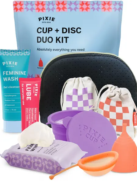 Pixie Menstrual Cup & Disc Duo Kit for Feminine Care - Most Comfortable Reusable Period Cup & Disc - Buy One We Give One - with Guide, Flushable Wipes, Lube, Feminine Wash, Carry Cup & Storage Bag