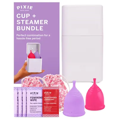 Pixie Menstrual Cups with Sterilizer - The Most Comfortable Soft Reusable Period Cup - Kills 99.9% of Germs with Clean Steam - Wash Your Cup in 3 Minutes! - Compact Sanitizer Kit for Feminine Care
