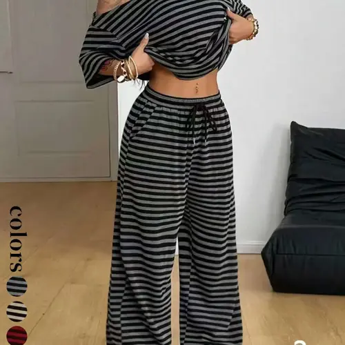 Women's Casual Loose Streetwear Two-Piece Set, Comfortable Striped Shoulder-Exposed Top & Wide-Leg Pants, Daily Wear Sportswear