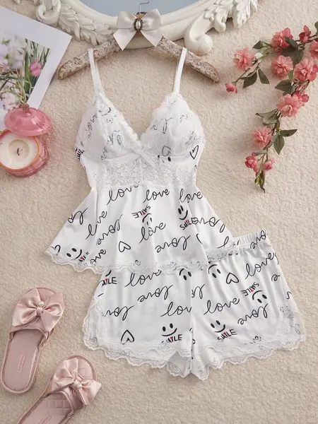 Women's Sleepwear Set with Shorts, Spaghetti Strap, Lace Lingerie, Casual Fitted Design, All-Season Comfortable Loungewear, Plain Pattern, No Ca Prop 65 Warning, Heart, Lightweight