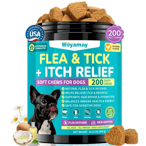 Woyamay Flea & Tick + Itch Relief for Dogs Chewables 200 Soft Chews Chicken Flavor Natural Flea Defense & Skin Repair for All Breeds Daily Supplement summerwins DealsForYouDays