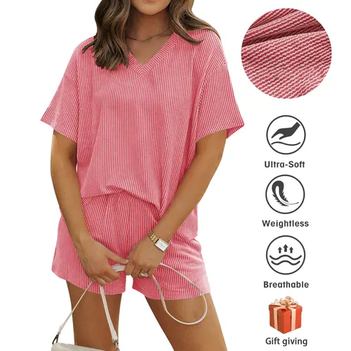 Women’s Ribbed 2 Piece Lounge Set Short Sleeve Top & Shorts Matching Set for Casual Summer Outfits Soft Knit Fabric with Pockets SummerVibes Womenswear Clothes, Women's Clothes, 2 Piece Sets, Loose, Everyday ,Suits