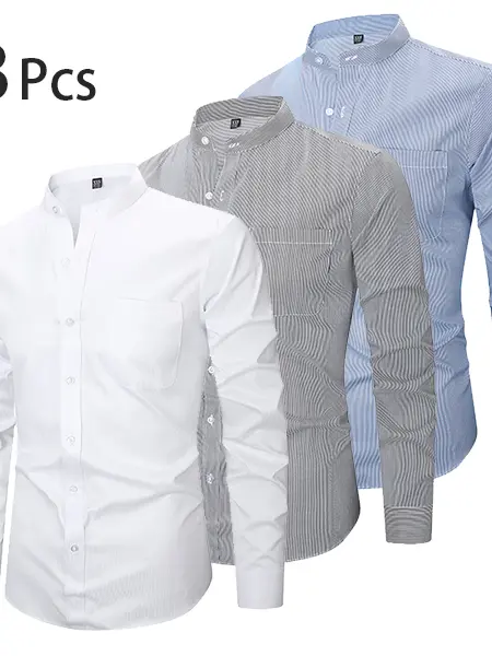 【3PCS】Men's dress shirt; Waterproof, oil-proof, and stain-proof; Four-way stretch; Long sleeves with collar; Solid color; Wedding Dating; Casual; Breathable. camisas  mangalarga  para  hombres Plain White Stripes