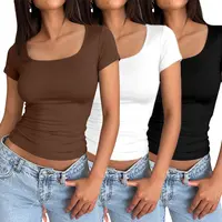 AUTOMET Women's 3-Pack Slim-Fit Short-Sleeve Crop Tops - Y2K Minimalist Korean Style Polyester Basic Layering T-Shirts for Women, Black, Spring & Summer Casual Everyday Wear,summerwins,summeroutfits,vacationoutfits,beachoutfits