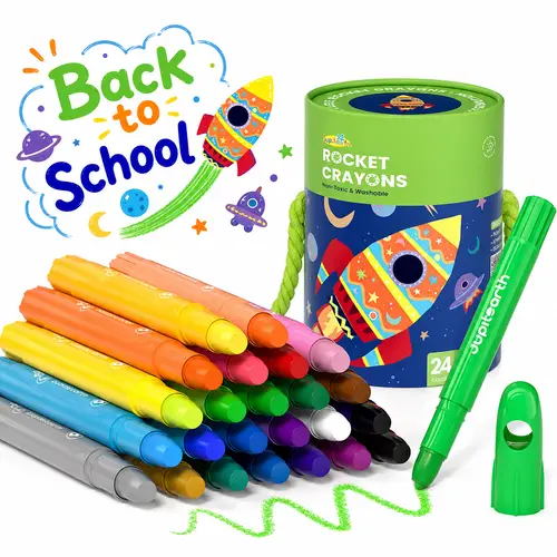 【back to school shopping】JUPITEARTH Jumbo Silky Crayons for Toddlers Easy Grip, 24-Color Rocket Twistable Non Toxic Washable Crayons for Kids Gifts, Back to School Essentials Toddler Art Supplies Bucket Combo  Art Crafting Kit  Art Drawing