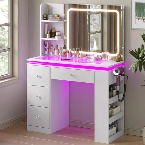 CollaredEagle Lighted Vanity Desk - White Freestanding Makeup Vanity with Adjustable LED Lights, Storage Drawer, Charging Station for Bedroom, Bathroom
