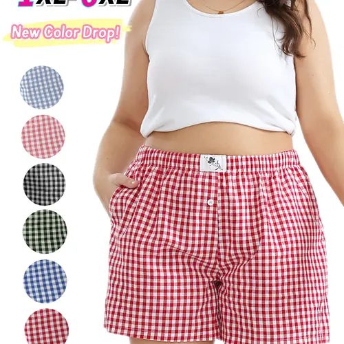 COOTRY【Plus Size】Women's Plaid Print Patched Elastic Waist Shorts, Gingham Boxer Shorts, Checkerboard Print Shorts,Casual Comfy Straight Leg Shorts for Summer,Ladies Bottoms for Daily Wear| Plus Size Fashion|Hide Belly Shorts|Flattering Fit