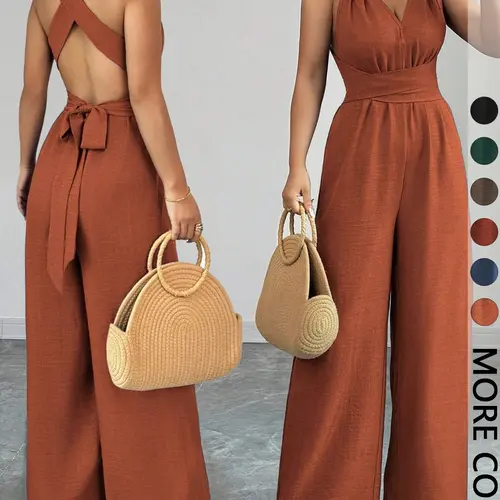 1 Piece Sleeveless V-Neck Adjustable Tie-Waist Wide-Leg Jumpsuit, Women's Jumpsuit, Casual Summer Vacation Wear Style, Adjustable Romper Jumpsuit