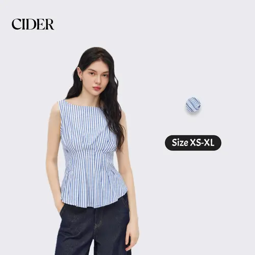 Cider Cotton-blend Boat Neck Stripe Pleated Tank Top Elegant Classy Camisole Tops SummerWins Dealsforyou