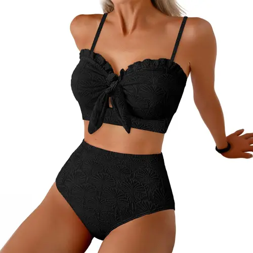 Aleumdr Women's Seashell Textured Bikini Sets Knotted Front 2 Piece Swimsuits Ruffle Trim Bathing Suits SwimWeek Vacationoutfits Summerstyle