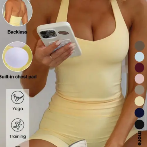 Sexy Backless Halter Top Set for Women, Seamless Tight-Fitting Shorts, Casual Yoga Running Pilates, Comfortable Daily Wear, Sports Casual Wear, Activewear Workout Set, Seamless Yoga Outfits