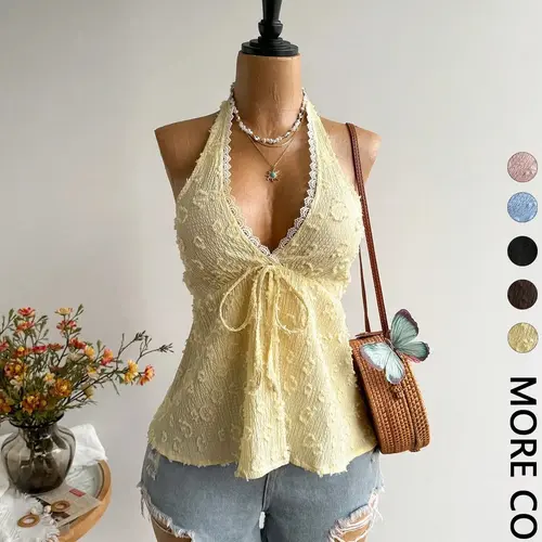 1 Piece Bohemian Style Fitted Backless Halter Top, Lightweight, Aesthetic, Elegance, Perfect for Parties, Beach Trips, Music Festivals and Tropical Vacations