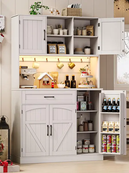 【DealsforYou】ONBRILL 71" Pantry Cabinet, Kitchen Pantry Storage Cabinet with LED Light & Outlet, Kitchen Hutch with Microwave Shelf & 6 Hooks, Door Shelves & Drawer & Adjustable Shelves, for Dining Room