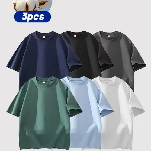 summervibes Men's 3PCS 100% cotton Crew Neck T-Shirts Set - Soft Loose Fit Navy Gray Black Tees for Casual Daily Wear Crewneck Classic
