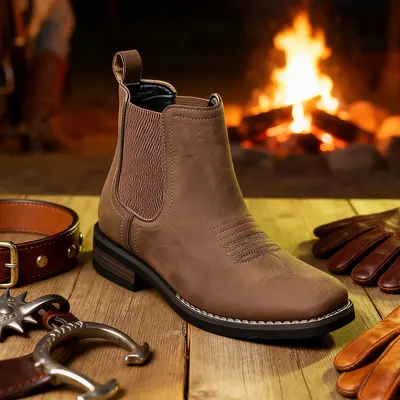 Men's Western Cowboy Square Toe Chelsea Boots – Retro Casual & Comfortable Footwear for Business, Office & Outdoor Wear | Stylish Khaki, Black & Gray Options
