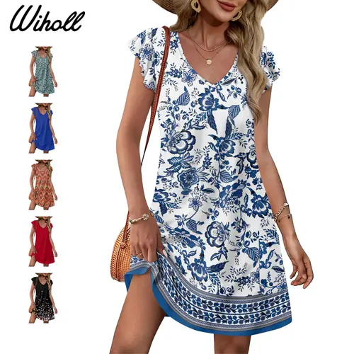 WIHOLL Womens Summer Dresses Ruffle Sleeve V Neck Loose Swing Sundresses with Pockets Plain/Print SwimWeek