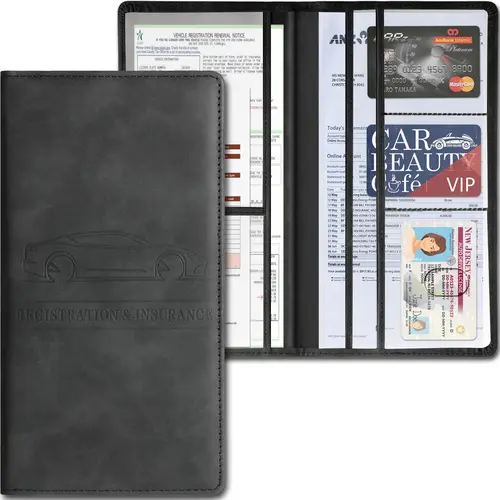 Car Accessories Registration and Insurance Holder,Leather Essential Card Magnetic Shut Vehicle Glove Box Organizer Case for Auto Driver License Document Truck Motorcycle Boat Men Women,Black