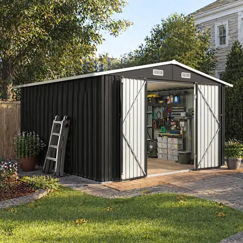 Aoxun Outdoor Storage Shed Metal Garden Tool Shed with Sloping Roof Lockable Door for Patio Lawn Backyard Black Organizer for Garden Tools & Shelf Organization