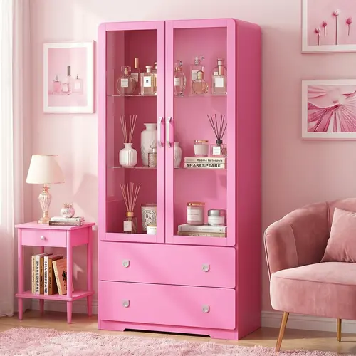 【Summervibes】RoyalCraft Display Cabinet with Acrylic Doors, Modern Storage Cabinet with LED Lights, Bookcase with Drawers & Adjustable Shelves, 3-Tier Curio Cabinet for Living Room, Home Office, DopamineDecor