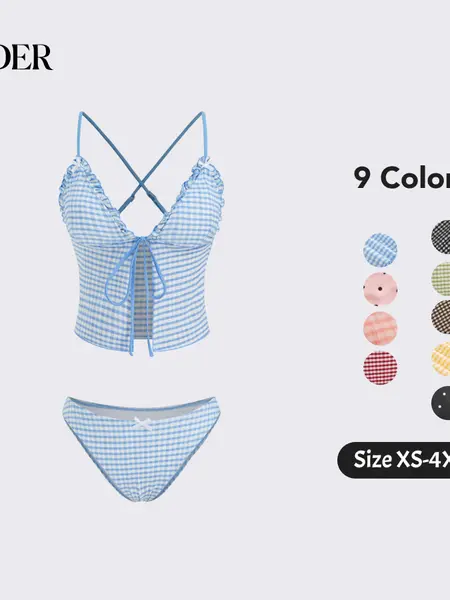 Cider Gingham Tankini Bikini Set – V-Neck Bowknot 2-Piece Swimsuit with Tummy Control， Lettuce Trim Detail for Beach Vacations & Pool Parties SummerWins