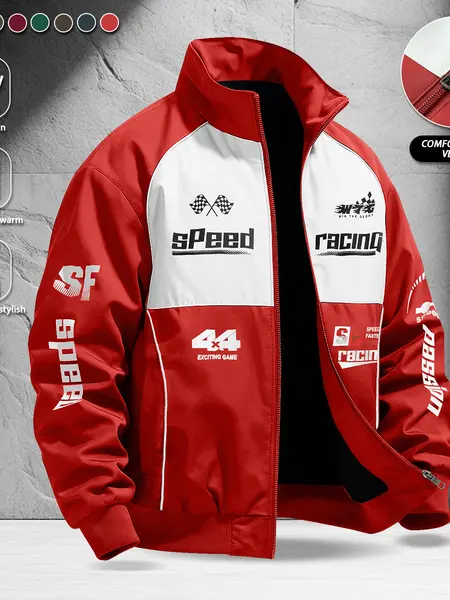 Men's casual stand up collar jacket, racing themed print, windproof and wear-resistant surface design, suitable for cycling, racing themed parties, daily commuting, fashionable jacket, ideal choice for spring and summer long sleeves  Coats Menswear