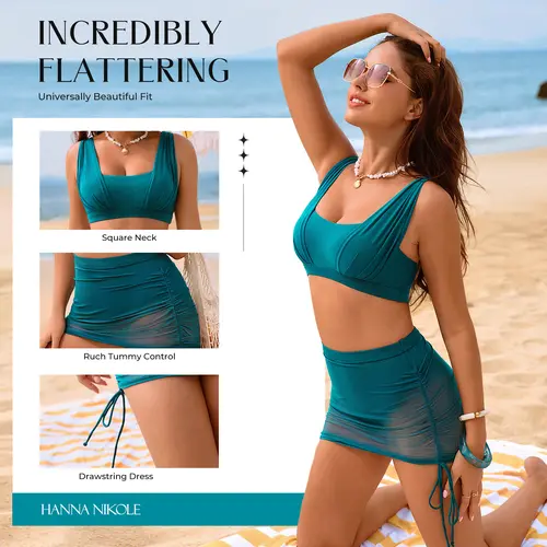 【S-XL】Hanna Nikole Womens High Waisted Swim Skirt, Tummy Control Mesh Bikini Sets, 2 Piece Swimsuit Drawstring Bathing Suits #SummerFinds