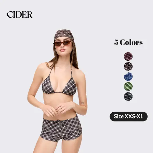 Cider 4-Piece Set Halter Neckline Check Knotted Triangle Tie Side Bikini Set With Cover Up Shorts & Headscarf Chic Swimsuit Set Fashion Beachwear Swimwear SummerWins Dealsforyou