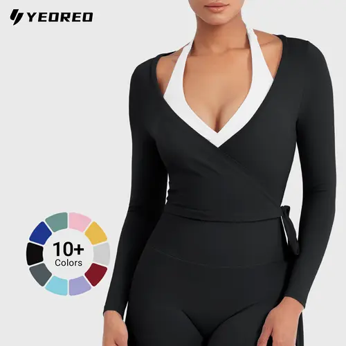 YEOREO Women Pilates Wrap Top Long Sleeve Tie Ballet Workout Yoga Shirt Michelie Y2K V Neck Cropped Tops Athletic Fashion Activewear summervibes Yoga Clothes,summerwins